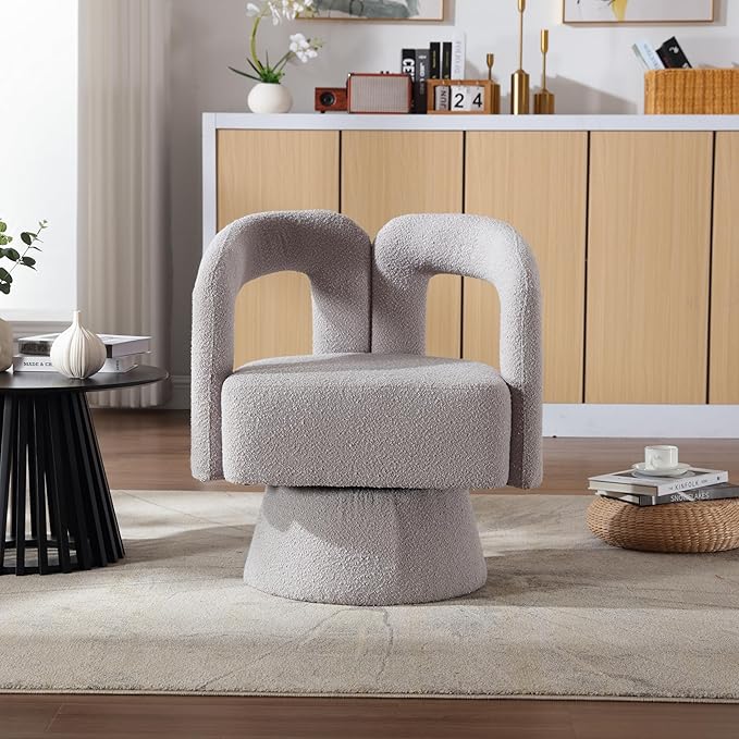 360 Degree Swivel Cuddle Barrel Accent Chairs Round Armchairs with Wide Upholstered Fluffy Fabric Chair for Living Room Bedroom Office Waiting Rooms (Light Gray Boucle) KO385
