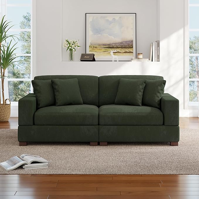 82 Loveseat Sofa Comfy Corduroy Fluffy Couch with Deep Seat Upholstered 2-Seater Sofa Bed for Living Room Bedroom Green