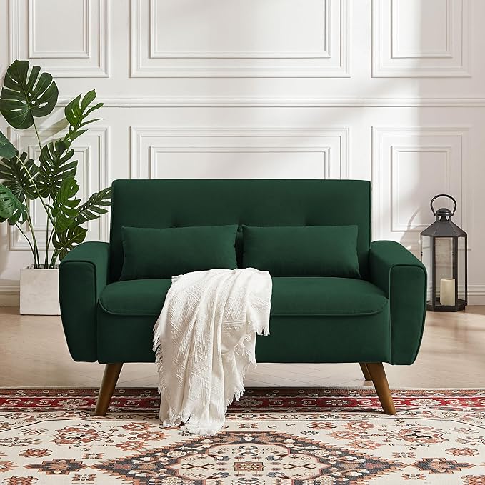 48.8 Small Loveseat Sofa Mid Century Modern Love Seat Couch with Back Cushions and Plastic Legs 2 Seater Couches for Living Room Bedroom Small Spaces Green
