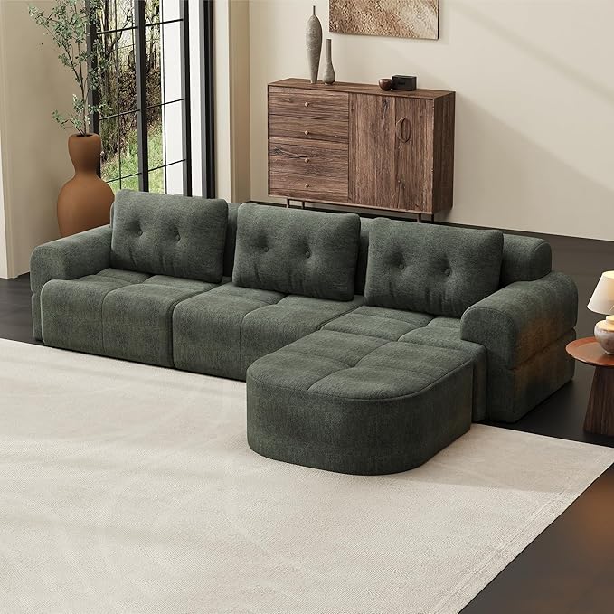 Boneless L-Shaped Modular Couch - 110 Inch Cloud Chenille Compression Sectional SofaNo Assembly Required Ideal for Apartments &amp Living RoomsBlackish Green