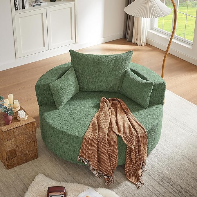360° Swivel Barrel Chair Oversized Upholstered Swivel Chairs for Living RoomModern Chenille Fabric Club Chair55 Large Round Accent Chair with 3 Pillows for BedroomOffice (Green 55-Inch)