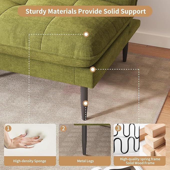 Single Supplementary Unit of The Convertible Module can be Matched with 70 inch Convertible Futon Sofa Bed Used for DIY a Larger Sofa. Olive Green