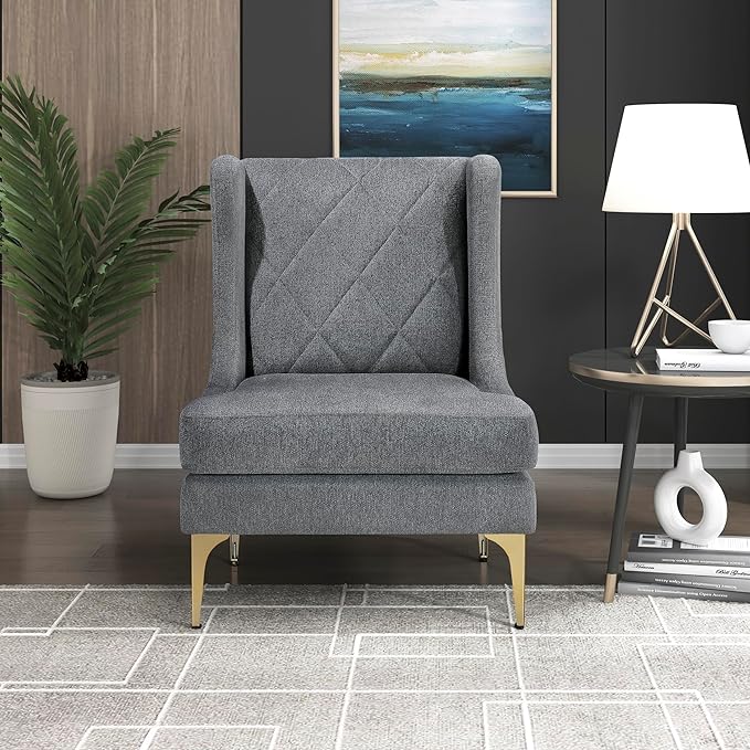 Lexicon Modern Accent Chair Living Room Chenille Upholstered Single Sofa Chair with Gold Metal Legs Wing Back &amp Diamond Stitched Back Armchair for Bedroom/Office/Waiting Room Dark Gray