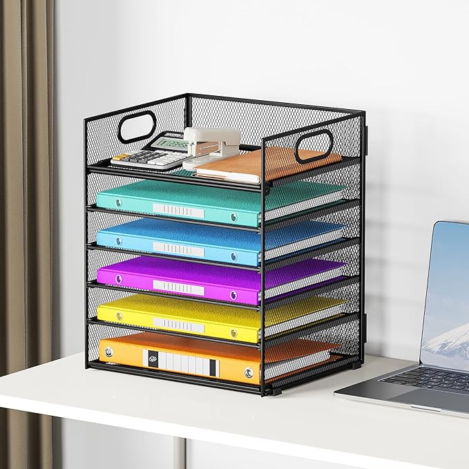 6 Tray Paper Organizer Letter Tray with Handle - Mesh Desk File Organizer Paper Sorter Organizer for Office Home or School File Folder Holder -Black