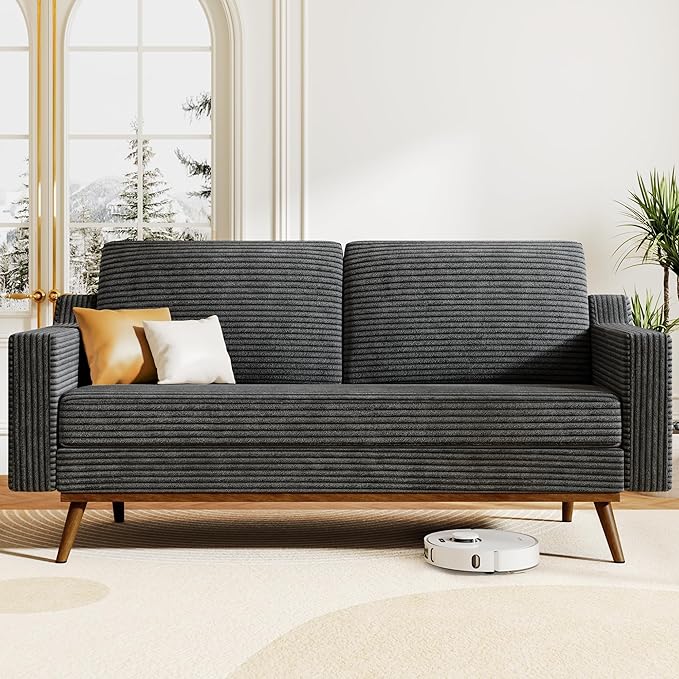 65.4 Loveseat SofaComfy Grey Corduroy Love Seat Couches for Living RoomMid Century Modern Small Couch for Bedroom Office with Spring CushionSolid Wood FrameTool-Free Assembly