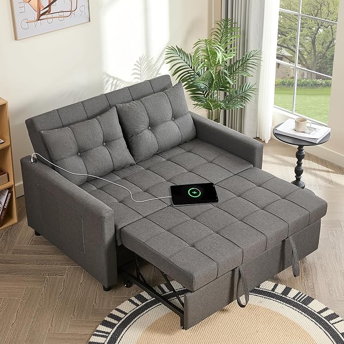 52 Sleeper Sofa with Pull-Out Bed 3-in-1 Convertible Sofa Bed Set of Loveseat with Stepless Adjustable Backrest and Side Pocket for Living Room Dorm Apartment Linen Dark Gray