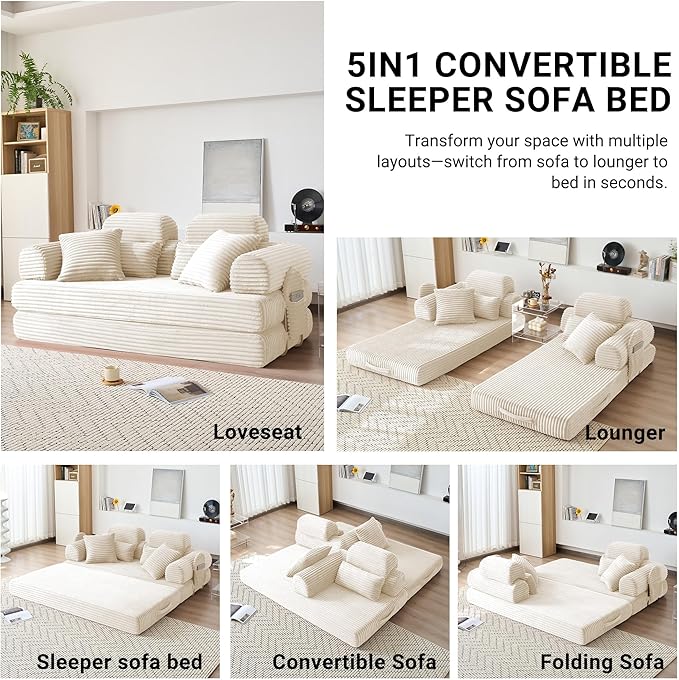 79 Boneless Couch with High Backrest Headrest Comfy Modular Foldable Floor Sleeper Sofa 5-in-1 Convertible Sofa Bed for Living Room Bedroom Lounge Studio White