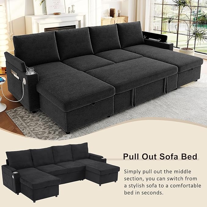 109.5 Sectional Sofa Convertible Pull-Out Sofa Bed with 2 Storage Chaise Lounges and Cup Holders Chenille Fabric U-Shaped Couch with Storage Boxes &amp USB Ports for Living Room (Black-9.19)