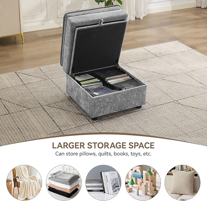 27 Large Square Ottoman with Storage Modern Upholstered Footrest with Anti-Slip Legs for Couch Coffee Table Living Room Bedroom Entryway Chenille Light Grey