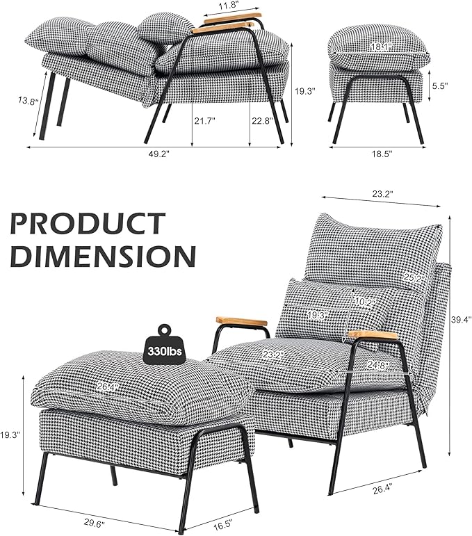 MCombo Accent Recliner Chair with Ottoman Modern Fabric Armchair Upholstered Sofa Bed for Living Room Bedroom Small Space 4055 (Black Frame Houndstooth)
