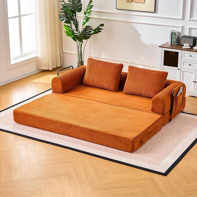 Convertible Floor Sofa Bed Modern King Sleeper Folding Mattress Couch with Pillows Corduroy Boneless Sectional Sofa Couch for Living Room Game Room Orange