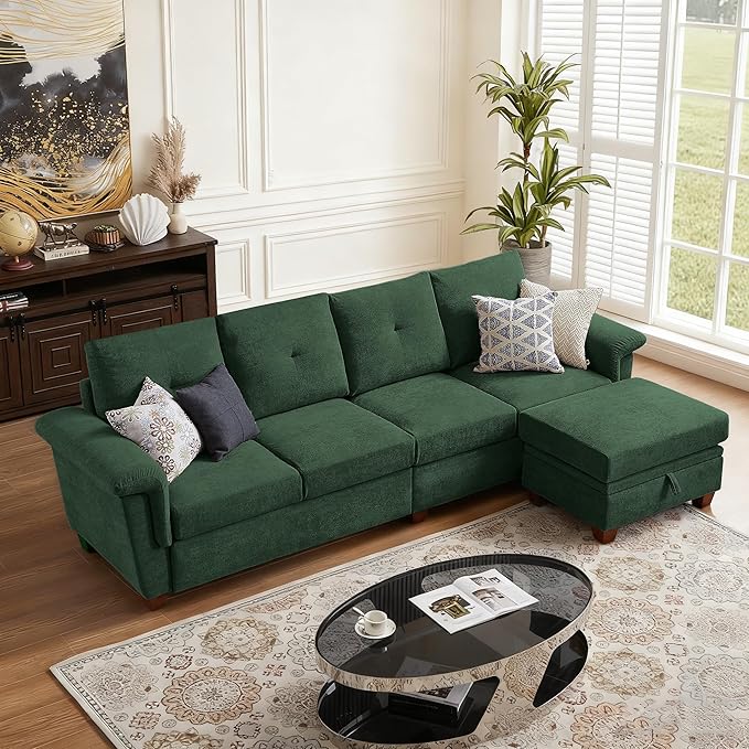 108 Sectional Sofa Convertible L Shaped Sofa with Ottoman and Large Storage 4 Seat Sectional Couch with Cup Holder Couches for Living Room Apartment Office (Green)