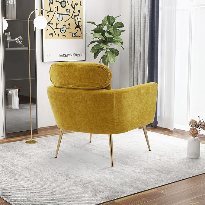 29.5 W Modern Chenille Accent Chair Armchair Upholstered Reading Chair Single Sofa Leisure Club Chair with Gold Metal Leg and Throw Pillow for Living Room Bedroom Dorm Room Office Mustard Chenille