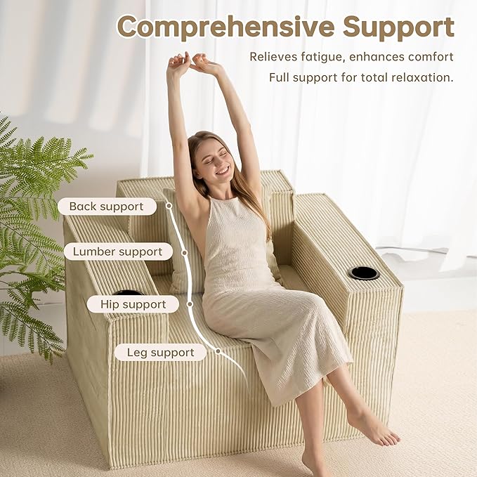 Cloud Single SofaChaise Lounge Chair with Cup Holder &amp Side PocketElevated Seat HeightNo Assembly RequiredBoneless Corduroy Chair for Small SpaceBedroomOffice (Khaki Single Sofa)