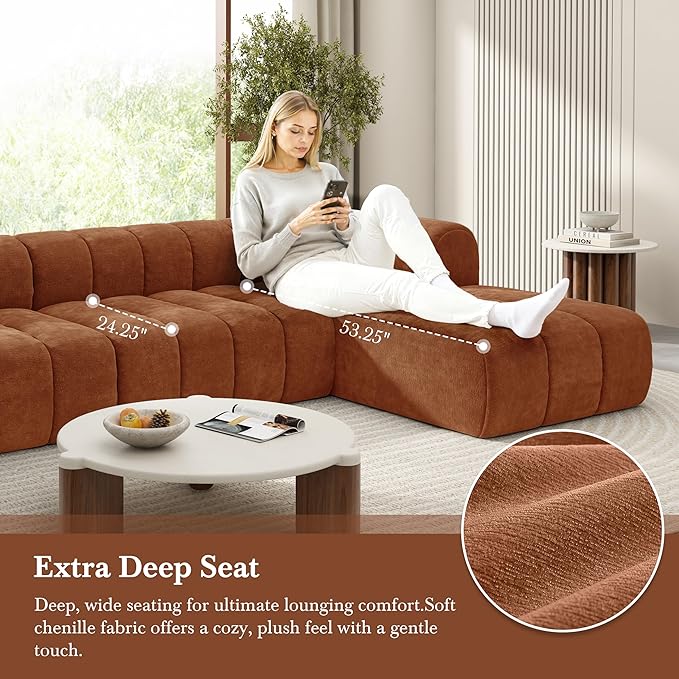 Christopher Knight Home Mania 122 Modular L-Shape Sofa Couch with Chaise Lounge Modern Sectional Sofa Set for Living Room Boucle Fabric Upholstered Cloud Couch with Deep Seat Orange