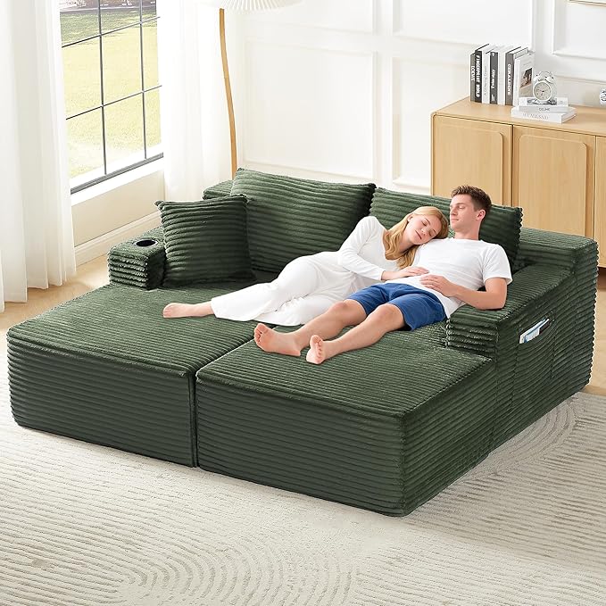 KIVENJAJA 133.5 Oversized U Shaped Sectional Cloud Couch Corduroy Modular Sectional Sofa with Cup Holders &amp Side Pockets Modern Deep Seat Boneless Couches for Living Room Apartment Green