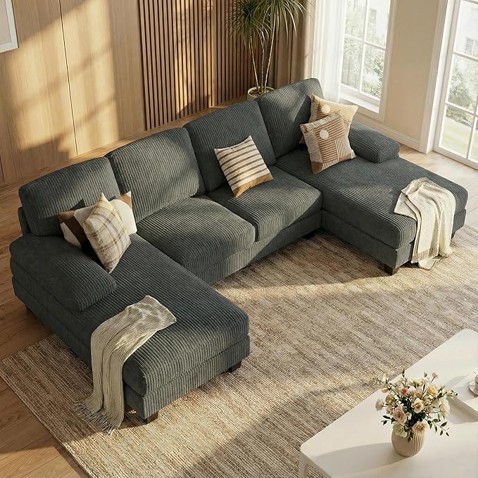Homall Modular Sectional U Shaped Sofa Couches for Living Room Comfy Corduroy 4 Seat Sofa Set with Removable Pillows Lounge Chaise Upholstered Couch for Apartment (Corduroy Dark Grey)