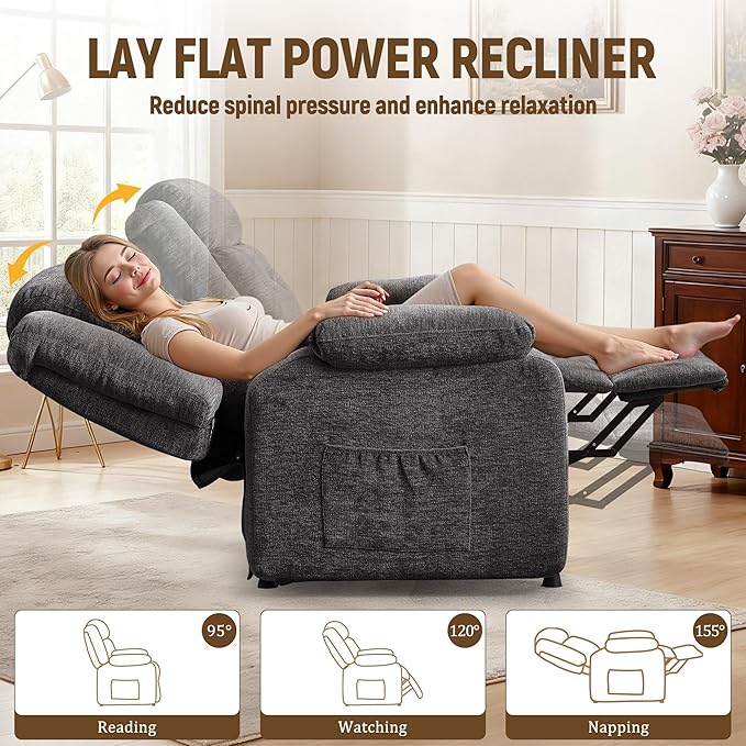 Power Recliner Chair Living Room Chairs for Adults Oversized Electric Recliner with Side Pockets Chenille Fabric Reclining Chair for Living Room Bedroom