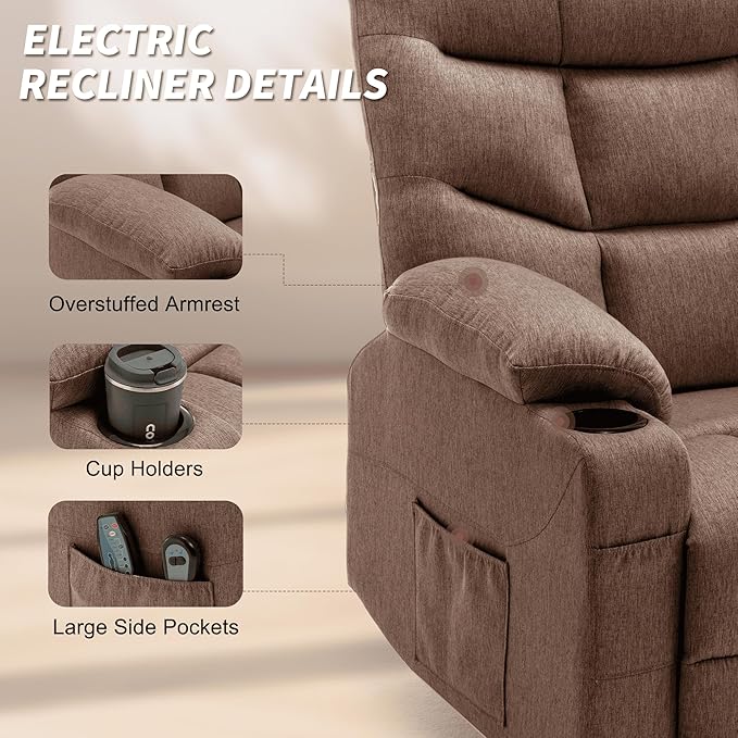 Power Recliner Chair with Massage and Heating Power Lift Recliner Chair for Elderly and Adults Electric Recliner with Remote Control and Cup Holders for Living Room Linen Fabric Brown