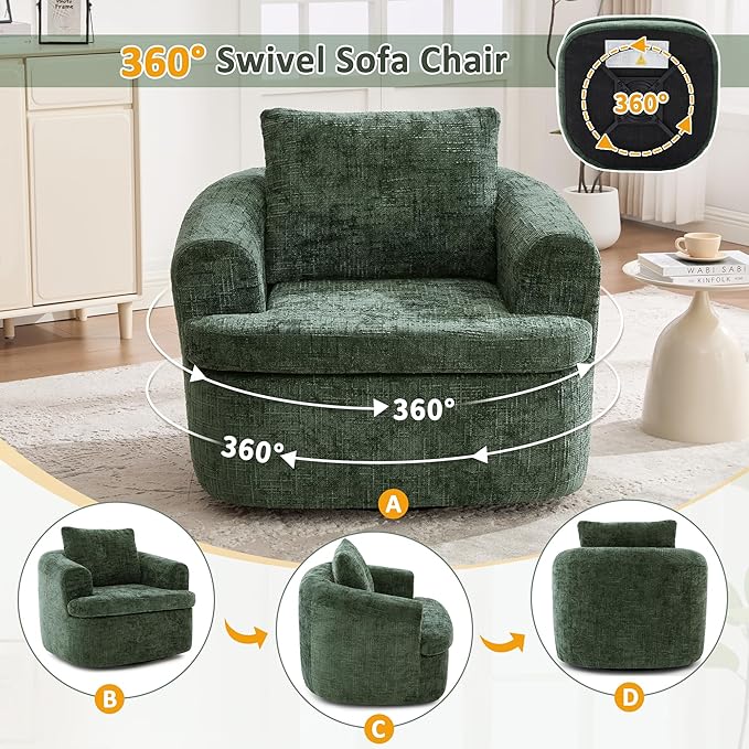 Merax 360° Swivel Sofa Chair Chenille Fabric Accent Barrel Chair 36.6 Swivel Round Chair with Dual-Layer Cushion Design for Living Room Bedroom Office and Hotel Green