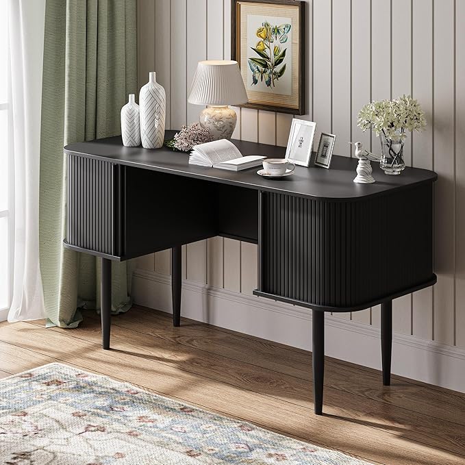 55 Modern Writing Desk with Storage Wood Home Office Desk with Sliding Doors Computer Desk for Home Office Dorm Living Room Home Study Table Black