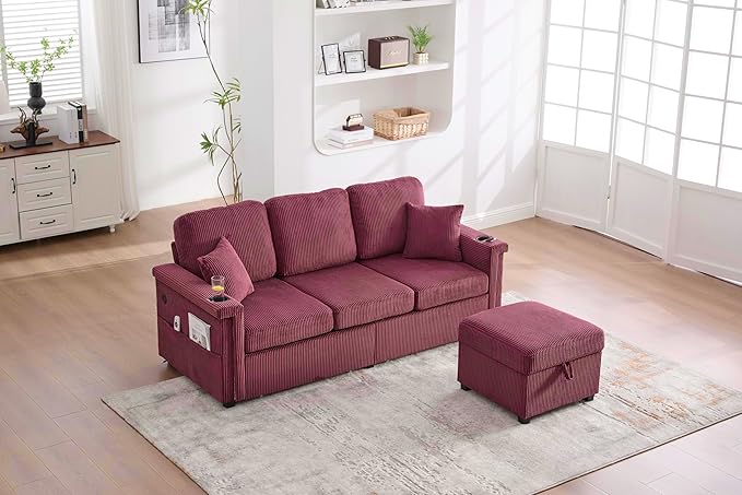 76.8 L-Shaped Sleeper Sofa with Storage Ottoman USB Ports Cup Holders&ampLED Lights Side Pockets Comfy Corduroy Modern 3-Seater Small Couch Bed for Living Room with 2 Throw Pillows (Wine Red)