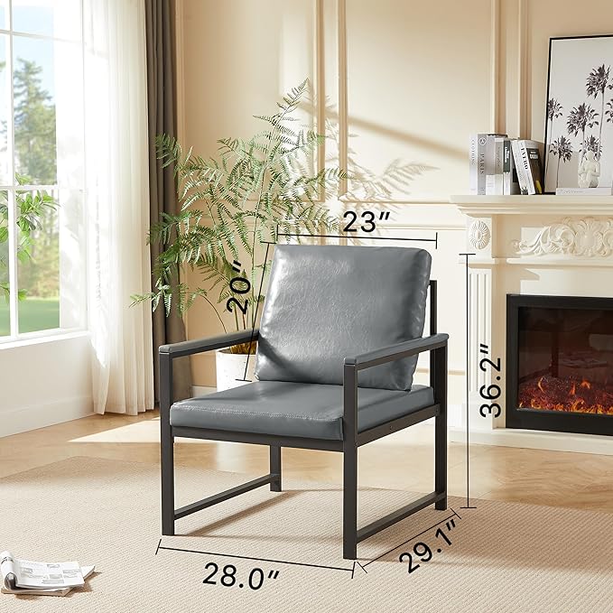 PVC Artificial Leather Armchair Retro Leisure Accent Chair with Extra Soft Padded Cushion Metal Armrests Modern Reading Arm Chair with Black Metal e for Living RoomOfficeBedroomStudy Gray