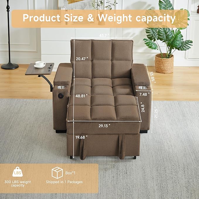 Large Size Convertible Sleeper Chair Futon Sofa Bed Comfortable Thick Cushion Single Sleeper Sofa Handheld Storage and Adjustable Backrest | Reading Chair with Rotating Small Table (Coffee)