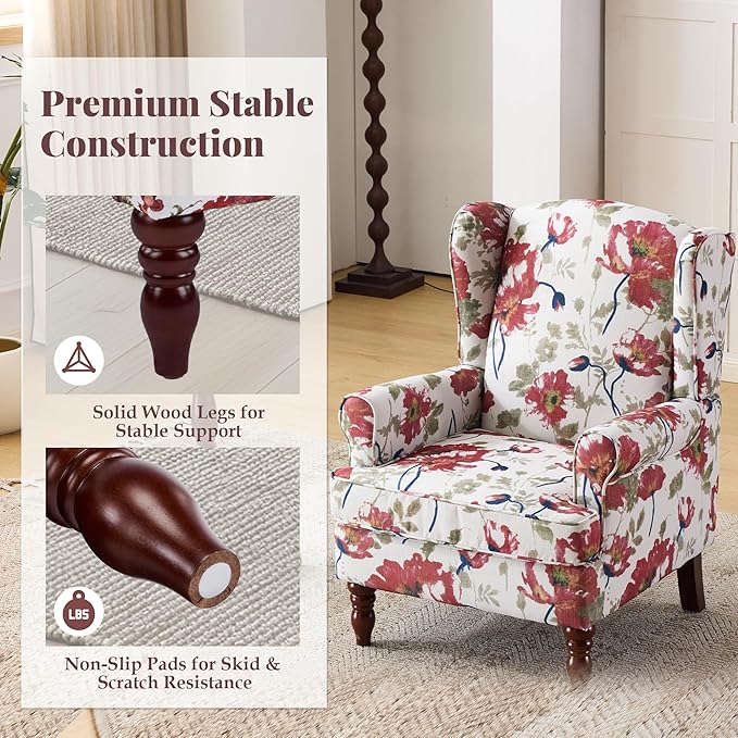EROMMY Floral Accent Chair Comfortable High Back Upholstered Armchair with Solid Wood Legs Leisure Single Sofa Chair for Living Room Bedroom Home Office Pink Floral