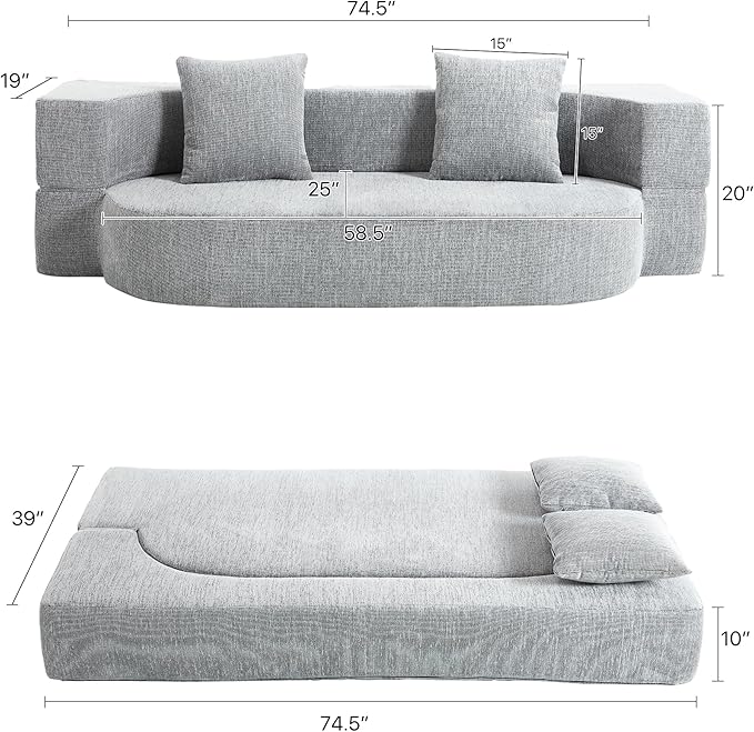 Folding Sofa Bed Convertible Futon Sleeper Bed 2-in-1 Foldable Floor Mattress with 2 Pillows Breathable High-Density Foam Lazy Couch Twin Size Comfy Lounge Chair Light Gray
