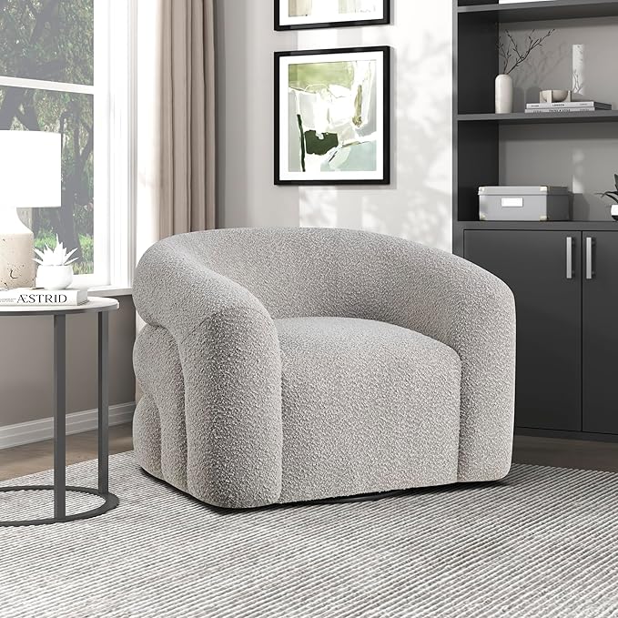 Lexicon Modern Swivel Accent Chair Cozy Boucle Arm Chair with Plush Curved Back Soft Stitching Cushions for Living Room/Bedroom/Office Fully Assembled Gray