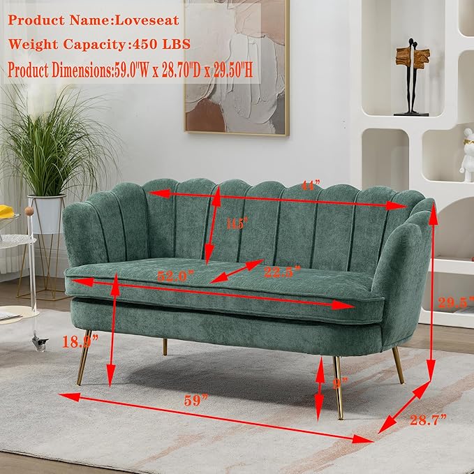 59 Modern Chenille Loveseat Couch Small Sofa with Gold Metal Legs2-Seater Upholstered Mini Sofa Couches for Small SpaceLiving Room Bedroom Office Dorm Studio Apartment (Green)