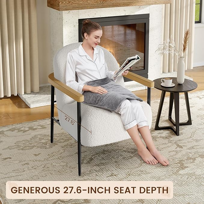 IDEALHOUSE Comfy Chair Set of 2 Modern Accent Chair with Teddy Fabric Wood Arms Metal Frame and Adjustable Feet Mid Century Modern Chair for Living RoomBedroom Office White