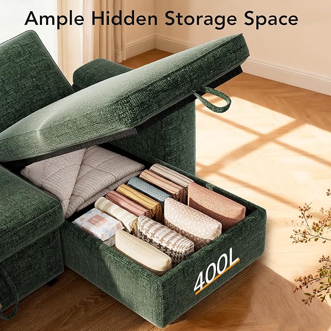 Sunny Heart L-Shaped Sleeper Sofa with Pull Out Bed 82 Sectional Couch with Reclining Backrest Reversible Storage Chaise Armrest Storage Cup Holders Side Pockets Tool-Free Assembly Green