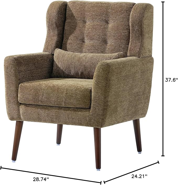 Modern Accent Chair Chenille Armchair for Living Room Upholstered Lounge Chair with Pillow Solid Wood Legs (Olive Green)