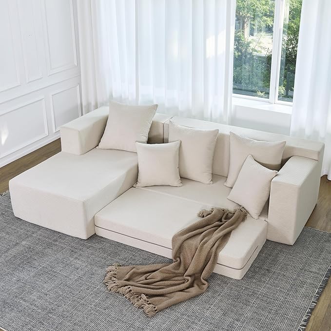 YINIX 106 Modular Sectional Sofa Modern Cloud Couch with L-Shape Chaise Upholstered Boneless Couches with Deep Seat Comfy Corduroy Sofa for Living Room Bedroom No Assembly (Beige)