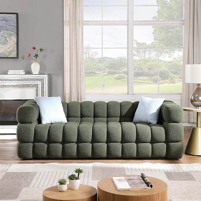 Comfy Marshmallow Loveseat Sofa3 Seater Boucle Cloud Couch with 2 Pillows Upholstered Love Seat with Throw Pillows Modern Living Sofa or Office Waiting Room (Olive Green Boucle)