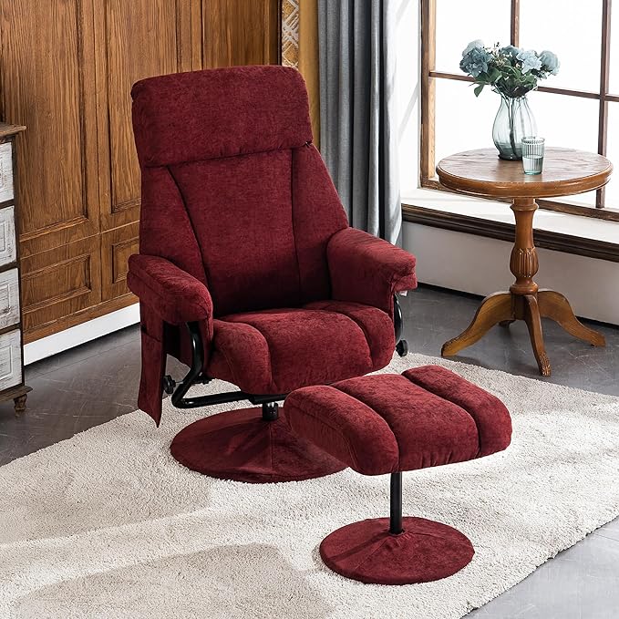 MCombo Swivel Recliner with Ottoman TV Chair with Vibration Massage Ideal for RV Small Space Living Room &amp Bedroom 4828 (Textile Burgundy)