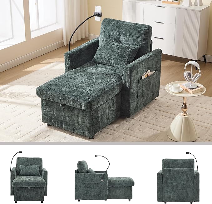 Multifunctional Recliner Sofa Chair with Storage Phone Holder &amp Adjustable Backrest Chenille Fabric Single Leisure Chair for Living Room Bedroom Small Spaces (Emerald)
