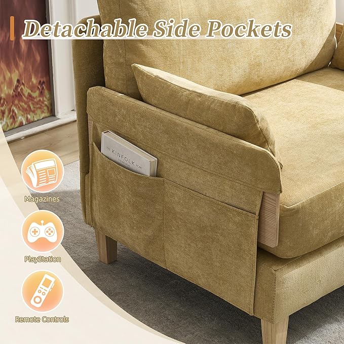 Mid-Century Modern Accent Chair 2-in-1 Foldable Sofa Couch Convertible Sleeper Bed Extra Wide Upholstered Armchair with 3 Pillows &amp Side Pocket for Living Room Bedroom (Mustard Yellow)
