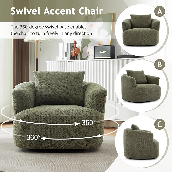 Polibi 360° Chenille Upholstered Swivel Barrel Chair 38.2 W Accent Chair Sofa Chair with a Throw Pillow for Living Room Bedroom Office and Hotel (Green)