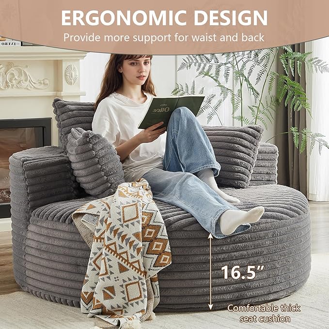 55''W Oversized Round Chair with PillowsComfy Corduroy Single ChairOversized Accent Chair with Deep Seat Modern Large Reading Chairs for Living Room &amp Bedroom (Grey)