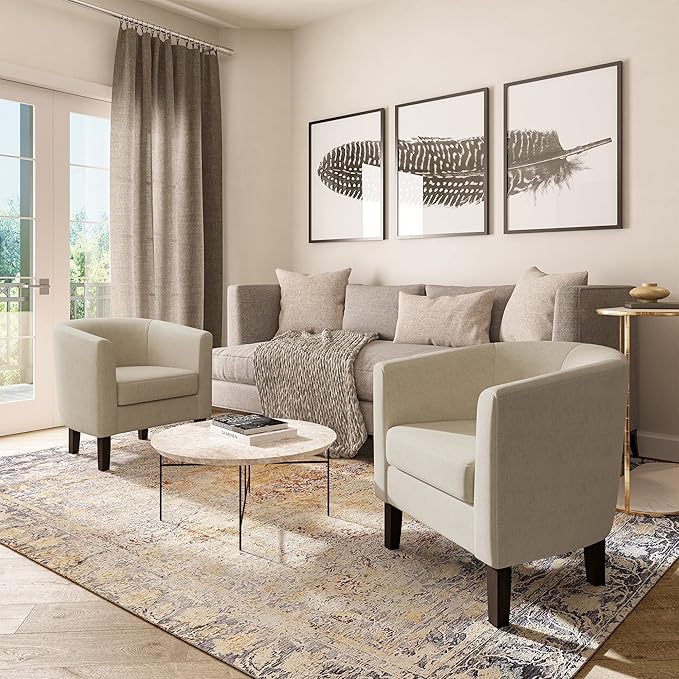 BELLEZE Accent Barrel Chair Linen Round Club Tub Sofa Corner Chair with Flared Legs and Cozy Soft Padding for Living Room Bedroom Waiting Room - Beige