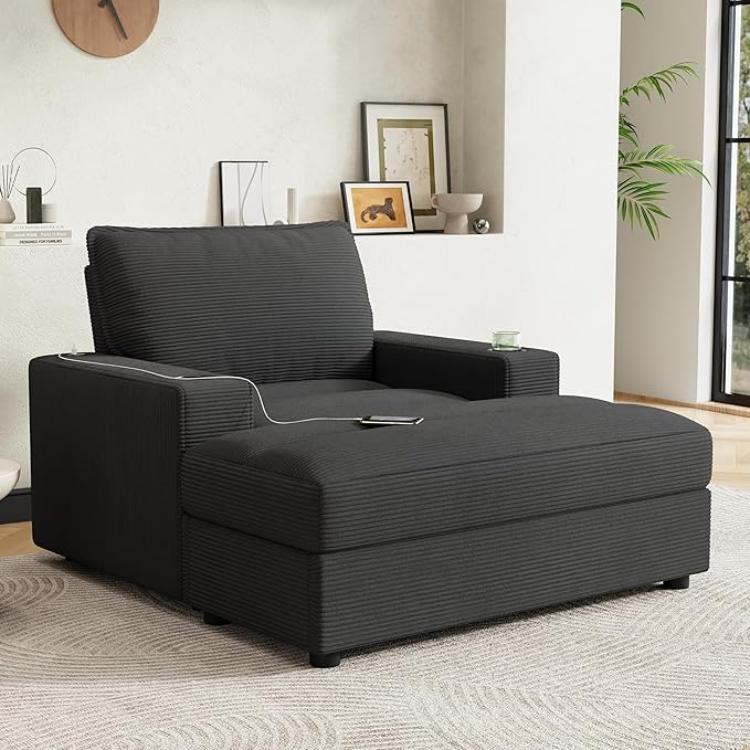 42.8 Oversized Chaise Lounge Chair with Storage Ottoman Corduroy Sofa Bed with Cup Holders &amp USB Charging Port Upholstered Sleeper Chair for Living Room BedroomGrey