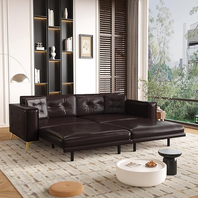 KEIKI 92.1 King Size Pull Out Sofa Bed 3-in-1 Faux Leather Convertible Sleeper Clouch with 2 Pillows 4-Seater Sofa Bed for Living Room Apartment Office Dark Brown