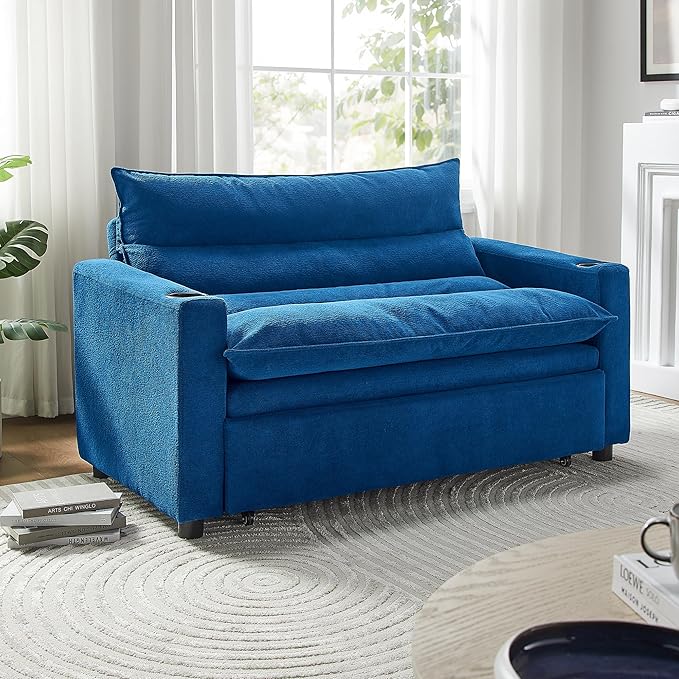 KEIKI Convertible Sleeping Sofa Bed Velvet Pullout Sofa Multi-Functional 3 in 1 Recliner Chair with Adjustable Back for Apartment Living Room Blue