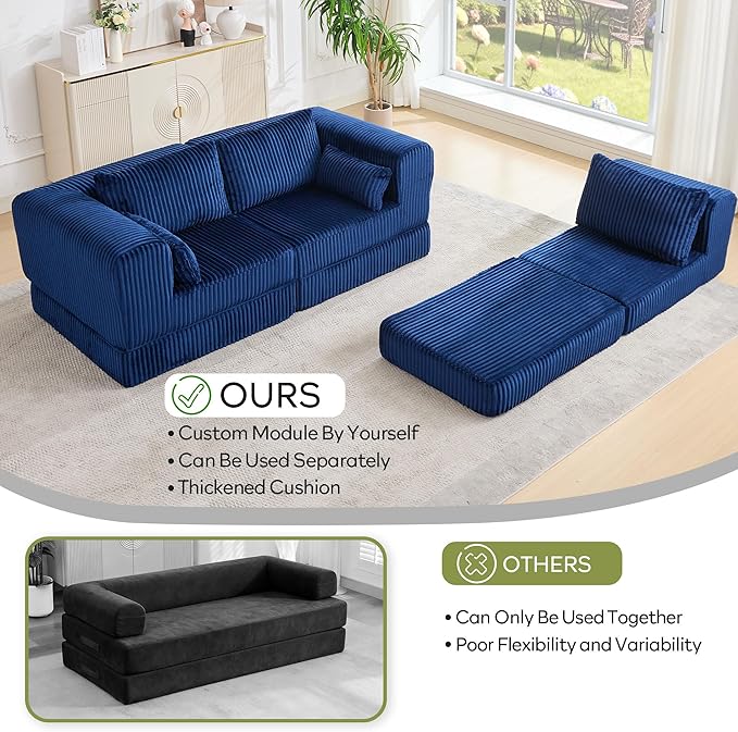 STHOUYN 106 Corduroy Folding Convertible Sleeper Sofa Bed Blue Pull Out Floor Modular Couch with Pillow Memory Foam Boneless Couchs Sectional for Living Room Bedroom (3 Navy Blue)