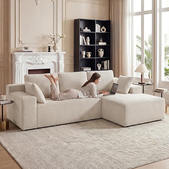 Cloud Sectional Boneless Couches for Living Room Modular L Shaped Couch with Deep Seat Oversized Right Facing Chaise Memory Foam Compressed Spineless 3 Seater Sofa for Apartment Taupe | No Assembly