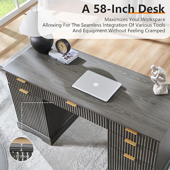JXQTLINGMU Modern Executive Desk with Storage Wood Home Office Desk with Drawer &amp Cabinet Fluted Computer Writing Desk for Study Living Room Bedroom