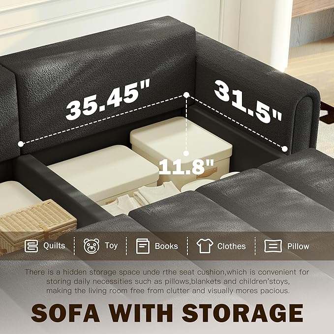 90.2 Futon Sofa Bed King 3-in-1 Teddy Convertible L-Shaped Sofa Upholstered Loveseat Couches Pull Out Couch Bed Small Spaces Deep Seat Storage for Living Room Apartment Black